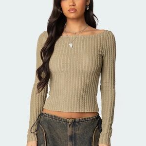 Edikted Ribbed Long Sleeve Top in Beige